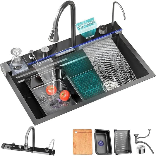33x22 Inch Nano Black Kitchen Single Bowl Sink With Flying Rain Waterfall, Integrated Workstation, Pull-Out Tap, Drain Basket, T