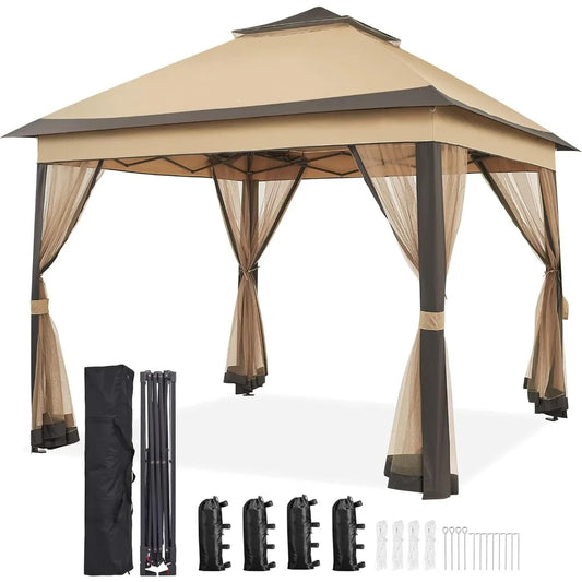 11x11 Pop Up Gazebo Outdoor Canopy Shelter Instant Patio Gazebo Sun Shade Canopy Tent with 4 Sandbags Double Tiers and Mesh Net
