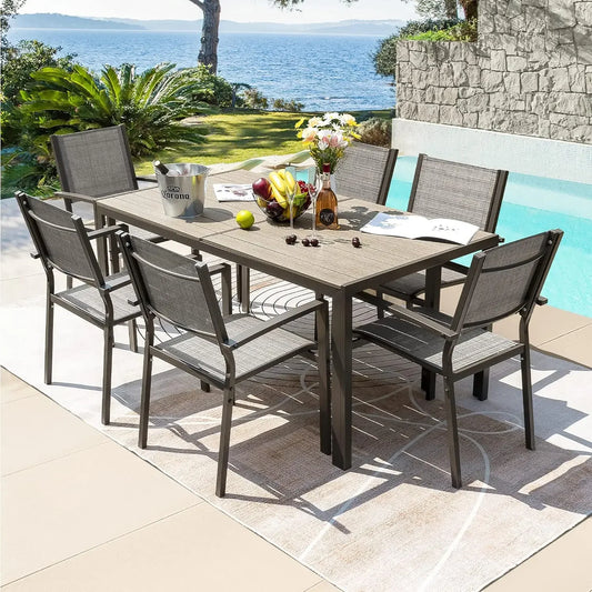 7 Piece Patio Dining Set with Weather Resistant Table and 6 Stackable Textilene Chairs for Garden Outdoor Furniture Set