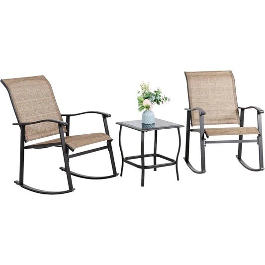 3 Piece Outdoor Rocking Bistro Set Textilene Fabric Small Patio Furniture Set Front Porch Rocker Chairs Conversation Set
