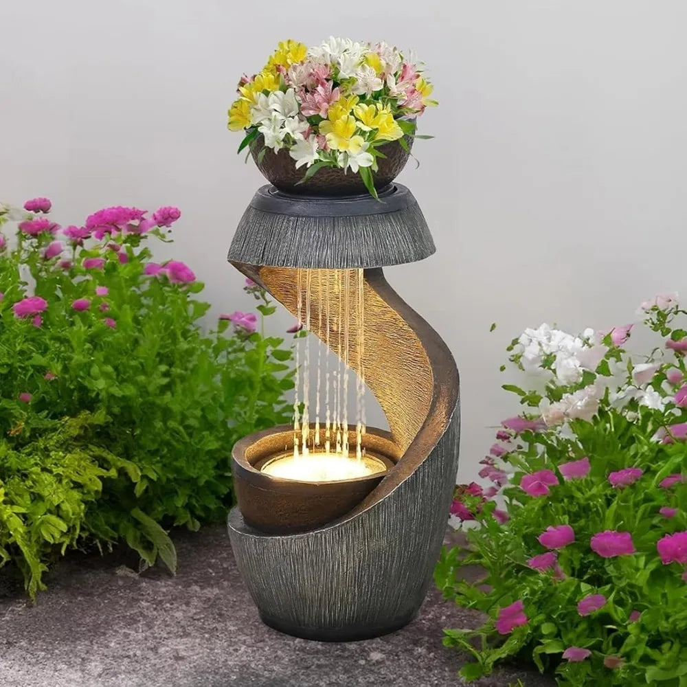 31.9" S-Shaped Water Outdoor Fountain–Modern Cascading Waterfall Feature with LED Lights & Planter Bowl, Garden Fountains Outdoo