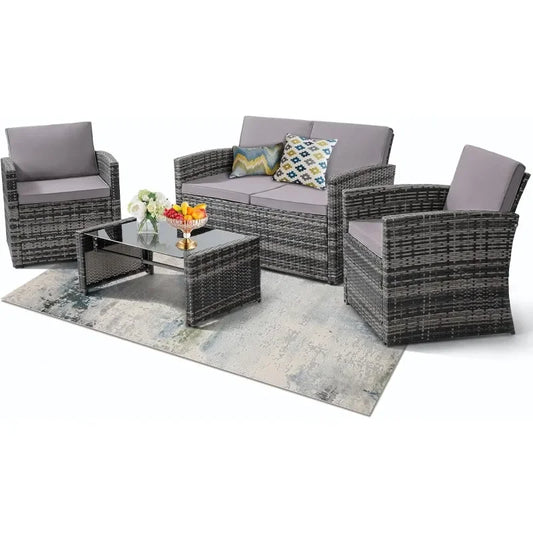 4 Pieces Patio Conversation Set with Cushioned Rattan Sectional Sofa Ideal for Garden Porch and Backyard in Grey Color