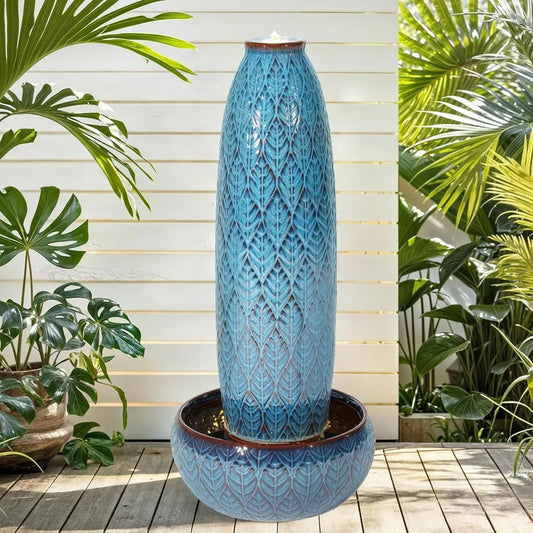 39" tall extra-large outdoor fountain with led lights, large ceramic vase water feature, soothing waterfalls for garden patio