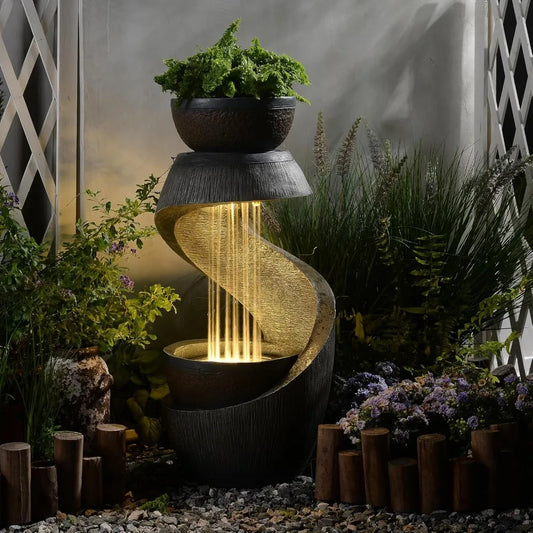 31.9" S-Shaped Water Outdoor Fountain–Modern Cascading Waterfall Feature with LED Lights & Planter Bowl, Garden Fountains Outdoo