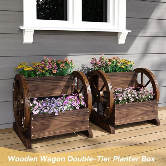 2 Tier Planter for Outdoor Plants Garden Decor Flower Pots Patio Decoration Herb Cart with Rustic Wood Wheels