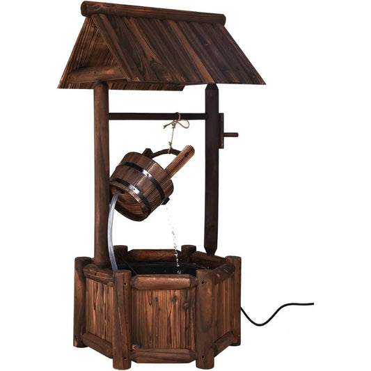 Wishing Well Water Fountain, Rustic Wood Outdoor Waterfall Fountain with UL Certificated, Garden Wishing Well, Electric Pump Wi