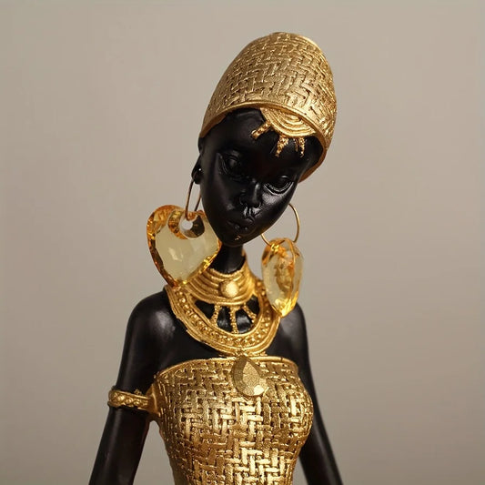 African Lady Resin Figurine with Woven Texture, Home decoration, Elegant Golden Black Sculpture, Decorative Statue For Gift