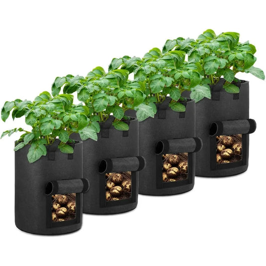 4Pack 10 Gallon Potato Grow Bags with Flap Window Heavy Duty Aeration Fabric Pots with Handles for Garden and Planting Black
