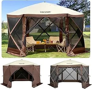 Camping Gazebo Screen Tent 10x10ft 6 Sided Pop Up Canopy Shelter with Mesh Windows Portable Carry Bag and Stakes Large